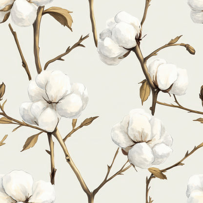raw white, cream, beige, brown stems, cotton bolls, botanical pattern, floral design, natural fibers, repeating motif, watercolor style, organic shapes, quilting cotton, fabric panel, neutral tones, soft palette, plant illustration, cotton branches, farmhouse aesthetic, nature inspired