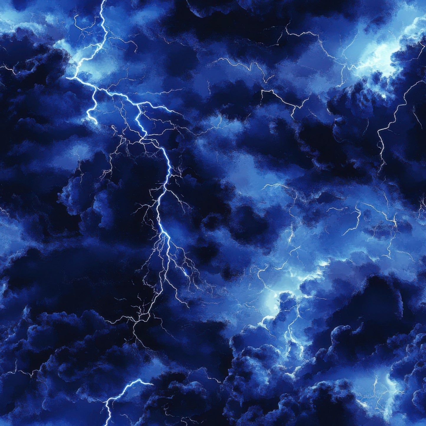 deep blue, navy blue, electric blue, lightning bolts, thunderstorm, storm clouds, dramatic sky, weather pattern, quilting cotton, fabric panel, stormy atmosphere, electrical discharge, jagged lines, moody lighting, tempest, storm system, meteorological, turbulent clouds, electric energy, atmospheric drama