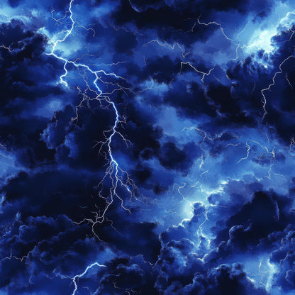 deep blue, navy blue, electric blue, lightning bolts, thunderstorm, storm clouds, dramatic sky, weather pattern, quilting cotton, fabric panel, stormy atmosphere, electrical discharge, jagged lines, moody lighting, tempest, storm system, meteorological, turbulent clouds, electric energy, atmospheric drama