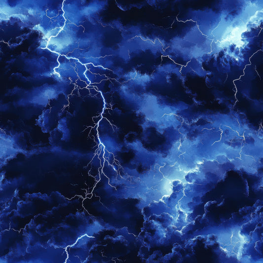 deep blue, navy blue, electric blue, lightning bolts, thunderstorm, storm clouds, dramatic sky, weather pattern, quilting cotton, fabric panel, stormy atmosphere, electrical discharge, jagged lines, moody lighting, tempest, storm system, meteorological, turbulent clouds, electric energy, atmospheric drama