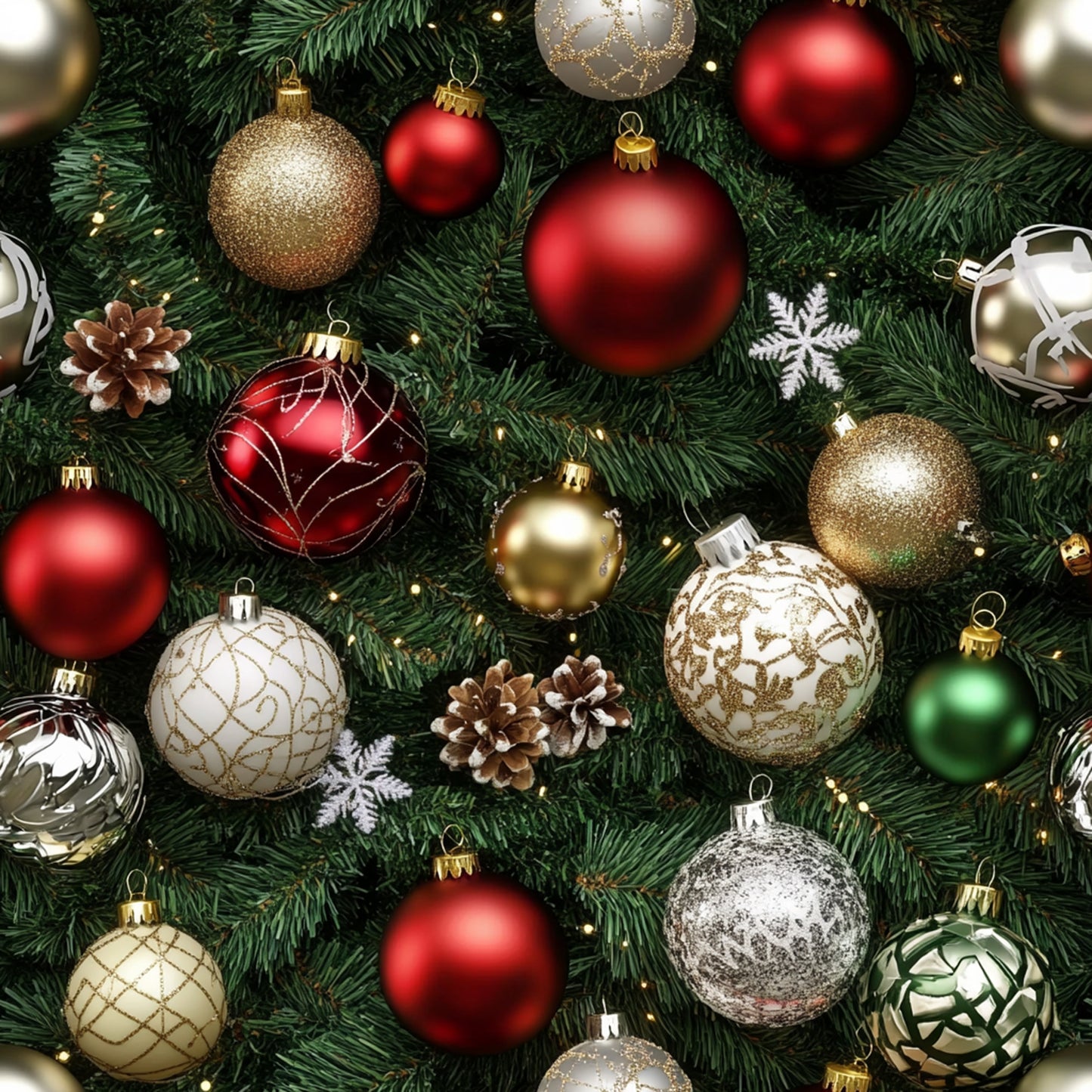christmas ornaments, red baubles, gold ornaments, green ornaments, silver decorations, pine cones, snowflakes, evergreen branches, holiday decorations, festive pattern, quilting cotton, fabric panel, christmas fabric, ornament design, holiday colors, seasonal motif, realistic style, christmas tree decorations, winter theme, holiday crafting