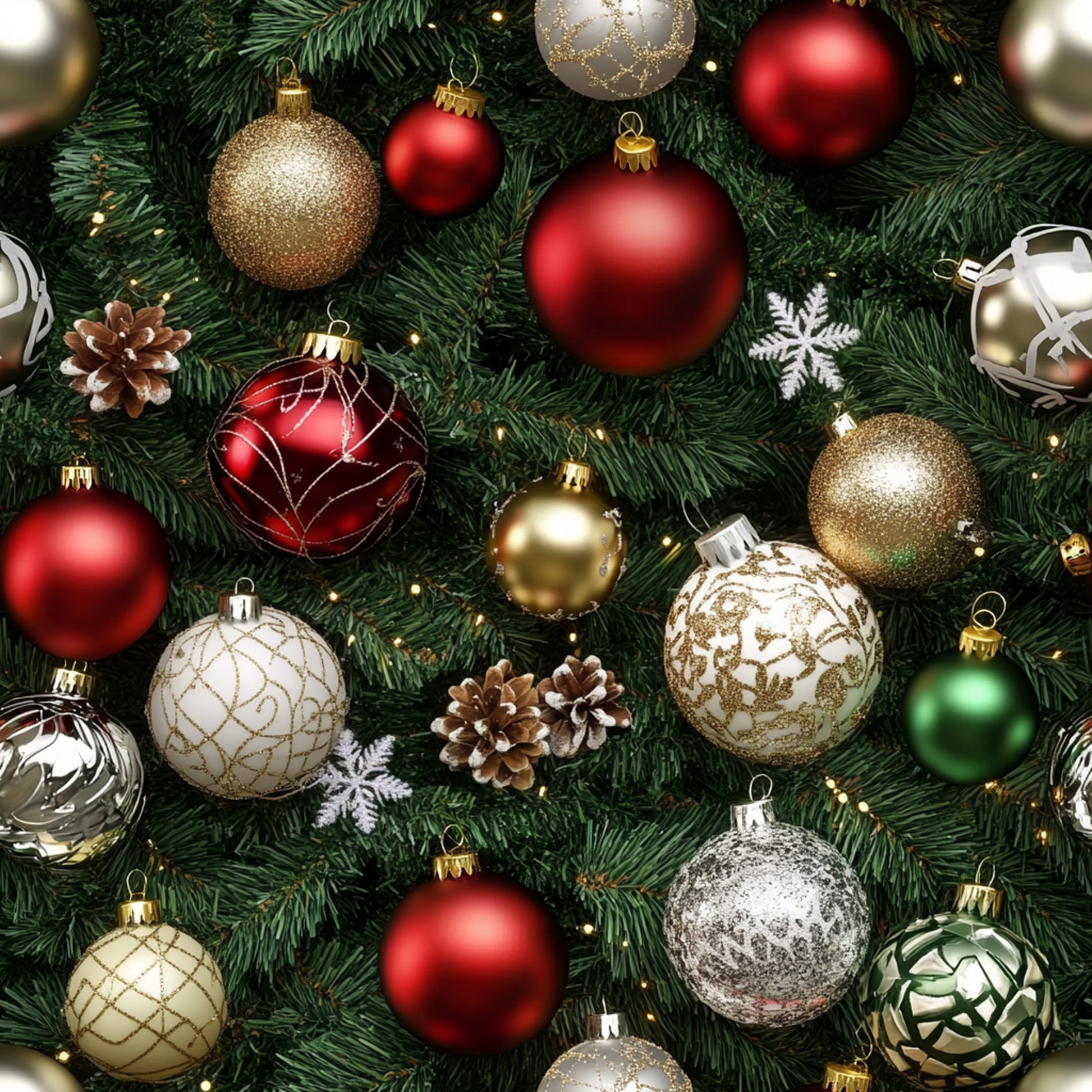 christmas ornaments, red baubles, gold ornaments, green ornaments, silver decorations, pine cones, snowflakes, evergreen branches, holiday decorations, festive pattern, quilting cotton, fabric panel, christmas fabric, ornament design, holiday colors, seasonal motif, realistic style, christmas tree decorations, winter theme, holiday crafting