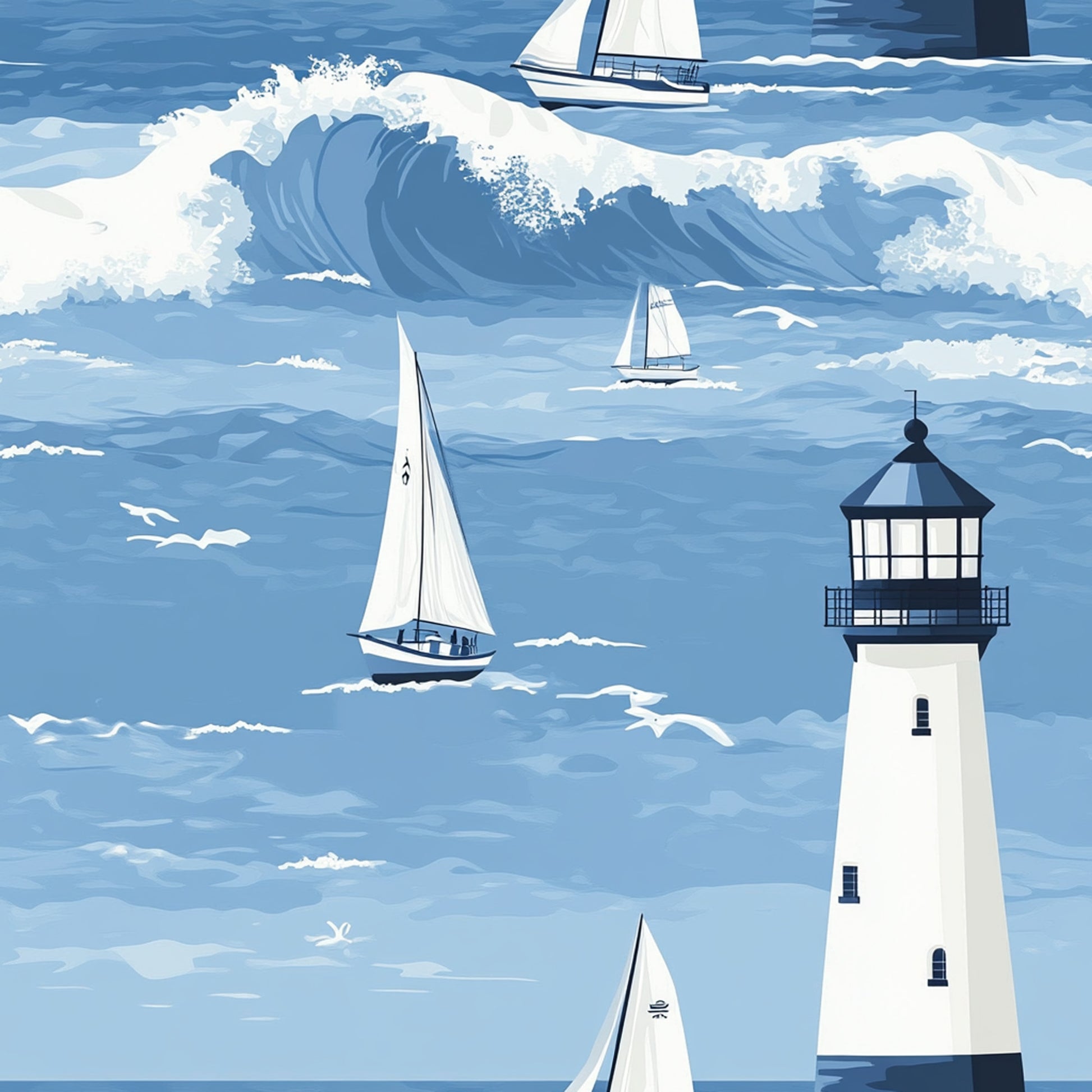 ocean blue, white sailboats, lighthouse, nautical waves, seagulls, maritime scene, coastal pattern, quilting cotton, fabric panel, sailing boats, ocean spray, blue and white, nautical theme, seaside design, wave crests, marine illustration, coastal artwork, sailing scene, lighthouse beacon, ocean adventure