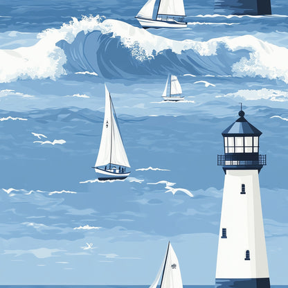 ocean blue, white sailboats, lighthouse, nautical waves, seagulls, maritime scene, coastal pattern, quilting cotton, fabric panel, sailing boats, ocean spray, blue and white, nautical theme, seaside design, wave crests, marine illustration, coastal artwork, sailing scene, lighthouse beacon, ocean adventure