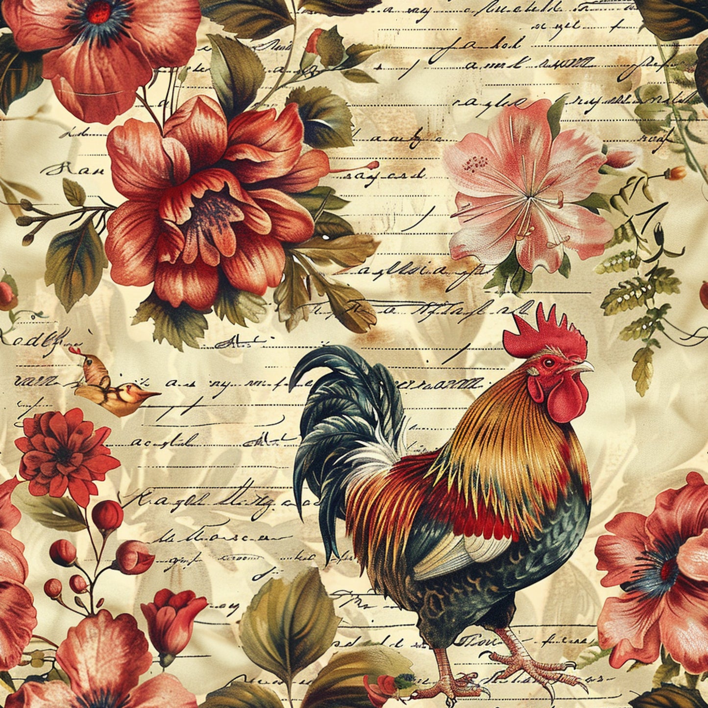 rooster, red flowers, coral blooms, vintage script, handwritten text, farm animals, floral motifs, peachy pink, sage green, cream background, botanical elements, country style, rustic charm, quilting cotton, fabric panel, hibiscus flowers, feathered details, pastoral theme, antique lettering, warm earth tones