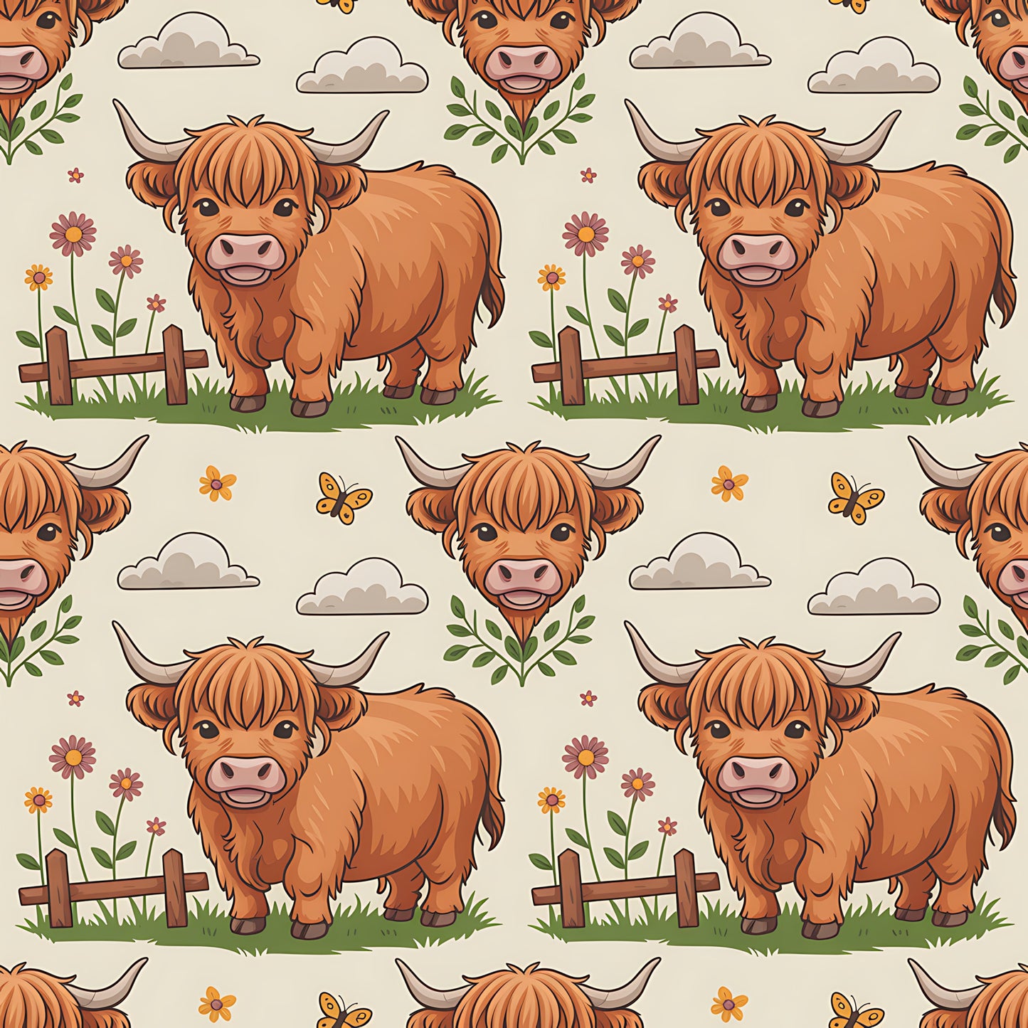 Cartoon Highland Cows Pattern 9 Quilting Cotton Fabric