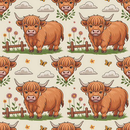 Cartoon Highland Cows Pattern 9 Quilting Cotton Fabric