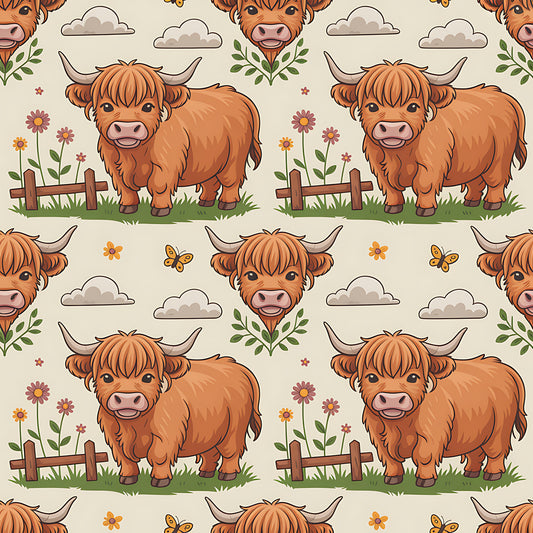 Cartoon Highland Cows Pattern 9 Quilting Cotton Fabric