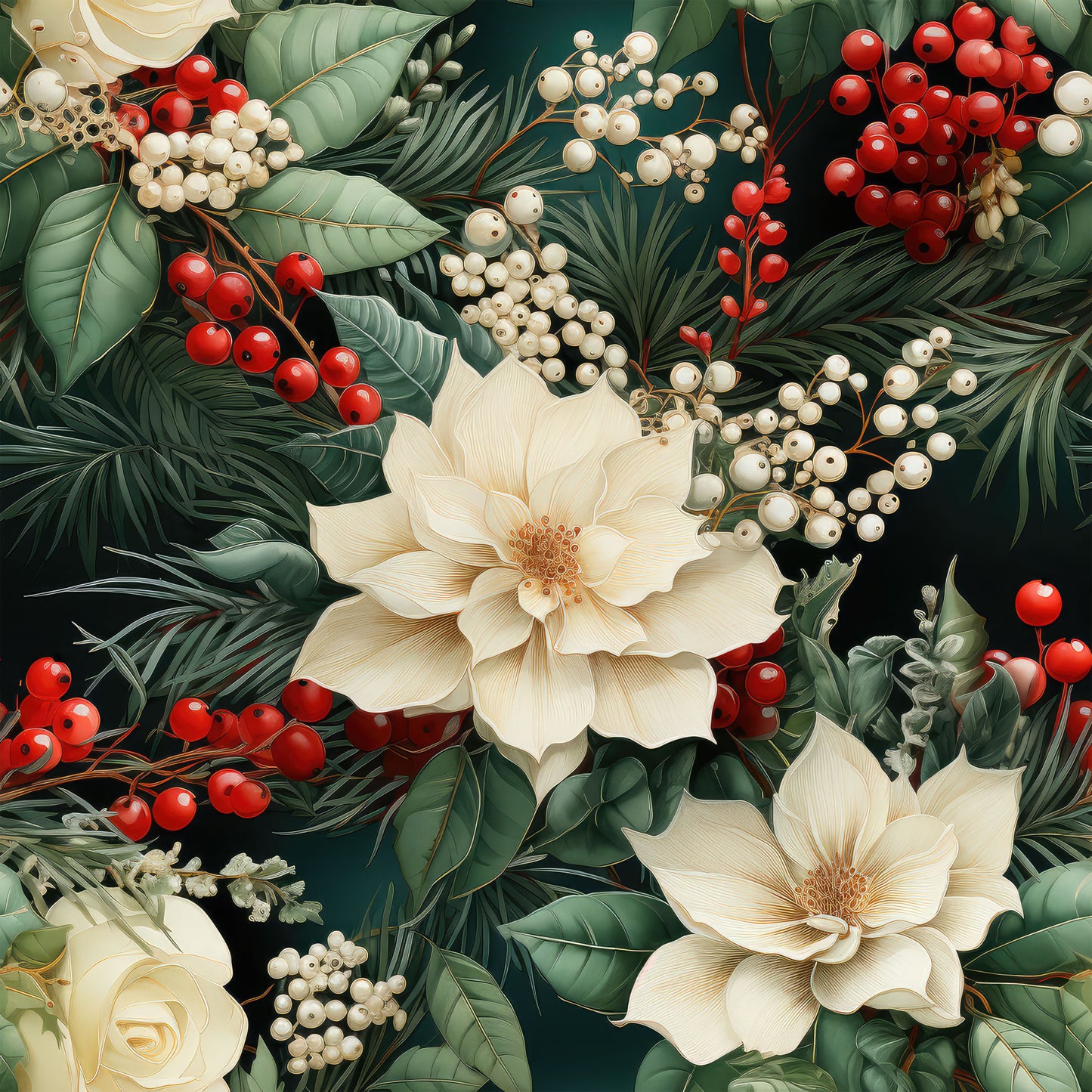 - Christmas Florals Pattern 3 Quilting Cotton Fabric  
- white poinsettia flowers  
- red and white berries  
- green leaves  
- festive botanicals  
- holiday floral design  
- cotton textile  
- quilting material  
- seasonal nature motif