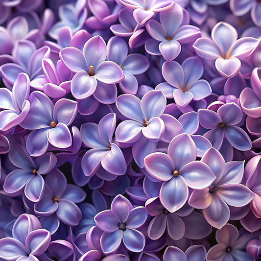 purple flowers, lilac blossoms, lavender petals, realistic floral, botanical pattern, spring flowers, delicate petals, clustered blooms, nature motif, quilting cotton, fabric panel, soft purple, periwinkle blue, photorealistic style, floral design, garden flowers, blooming pattern, textile print, crafting fabric, sewing material