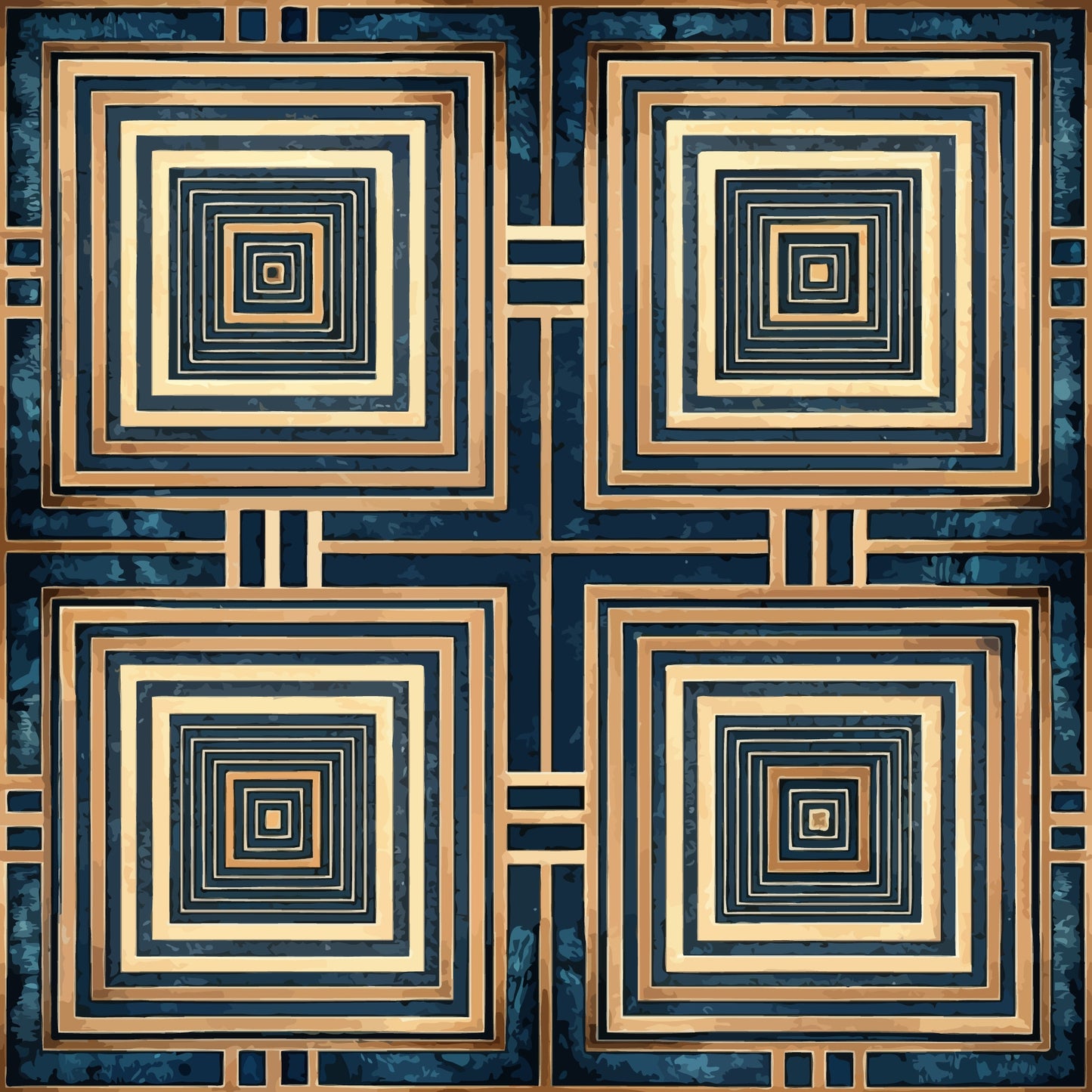 navy blue, golden beige, concentric squares, geometric pattern, art deco, repeating motifs, quilting cotton, fabric panel, spiral design, nested squares, symmetrical layout, retro style, modernist design, angular geometry, decorative blocks, structured pattern, vintage aesthetic, geometric tiles, square motifs