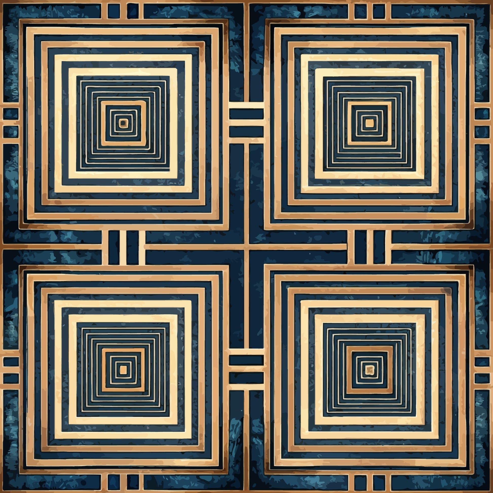 navy blue, golden beige, concentric squares, geometric pattern, art deco, repeating motifs, quilting cotton, fabric panel, spiral design, nested squares, symmetrical layout, retro style, modernist design, angular geometry, decorative blocks, structured pattern, vintage aesthetic, geometric tiles, square motifs