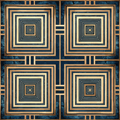 navy blue, golden beige, concentric squares, geometric pattern, art deco, repeating motifs, quilting cotton, fabric panel, spiral design, nested squares, symmetrical layout, retro style, modernist design, angular geometry, decorative blocks, structured pattern, vintage aesthetic, geometric tiles, square motifs