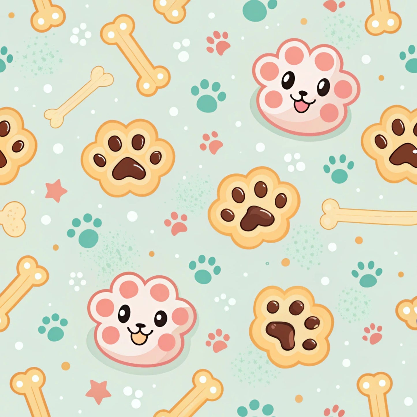 dog paws, paw prints, bones, cute faces, kawaii style, mint green, coral pink, orange, cream, playful pattern, quilting cotton, fabric panel, pet themed, scattered design, whimsical, cartoon style, animal motifs, cheerful, soft colors, repeating pattern