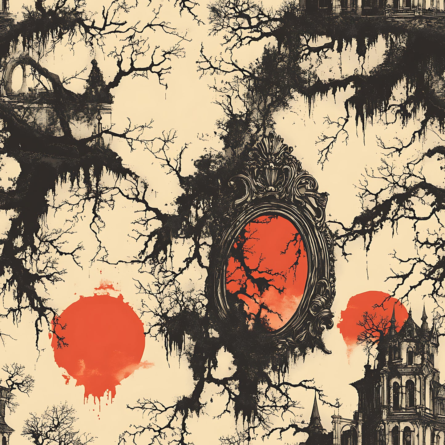 blood moon, gothic architecture, ornate mirror, bare trees, spanish moss, orange red circles, vintage sepia, haunted mansion, spooky atmosphere, quilting cotton, fabric panel, gothic revival, eerie landscape, autumn colors, horror aesthetic, decorative frame, silhouette trees, architectural details, cream background, dark branches