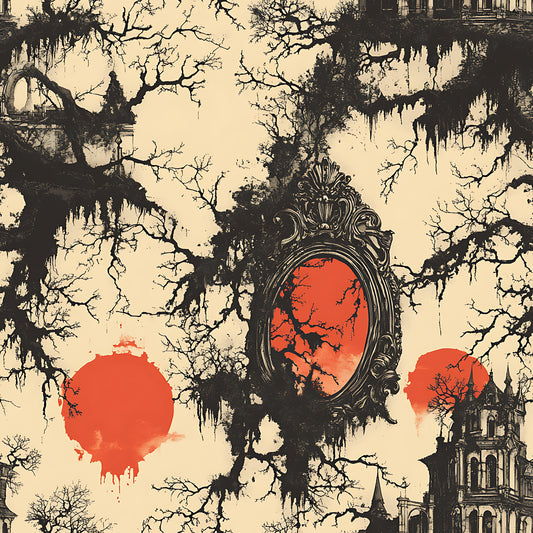 blood moon, gothic architecture, ornate mirror, bare trees, spanish moss, orange red circles, vintage sepia, haunted mansion, spooky atmosphere, quilting cotton, fabric panel, gothic revival, eerie landscape, autumn colors, horror aesthetic, decorative frame, silhouette trees, architectural details, cream background, dark branches
