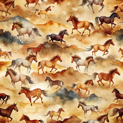 wild horses, running horses, galloping horses, watercolor style, brown horses, chestnut horses, gray horses, white horses, cloudy background, dusty clouds, earth tones, beige background, tan colors, russet brown, soft pastels, equestrian theme, western style, seamless pattern, quilting cotton, fabric panel, artistic rendering, flowing manes, horse herd