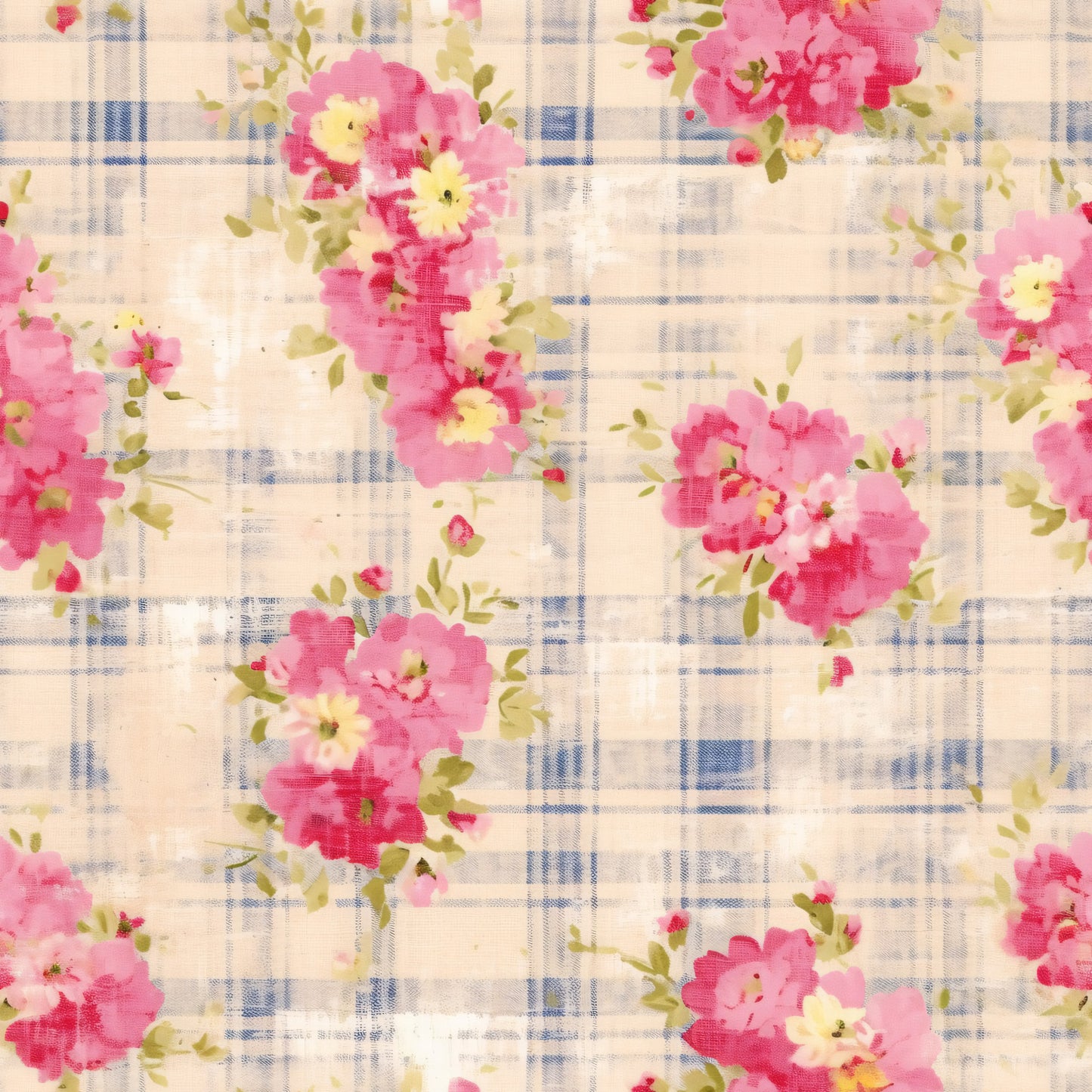 pink flowers, floral pattern, plaid background, blue plaid, cream background, cottage core, watercolor flowers, quilting cotton, fabric panel, country style, botanical design, pink blossoms, green leaves, vintage inspired, feminine floral, soft pastels, romantic flowers, shabby chic, spring flowers, delicate blooms