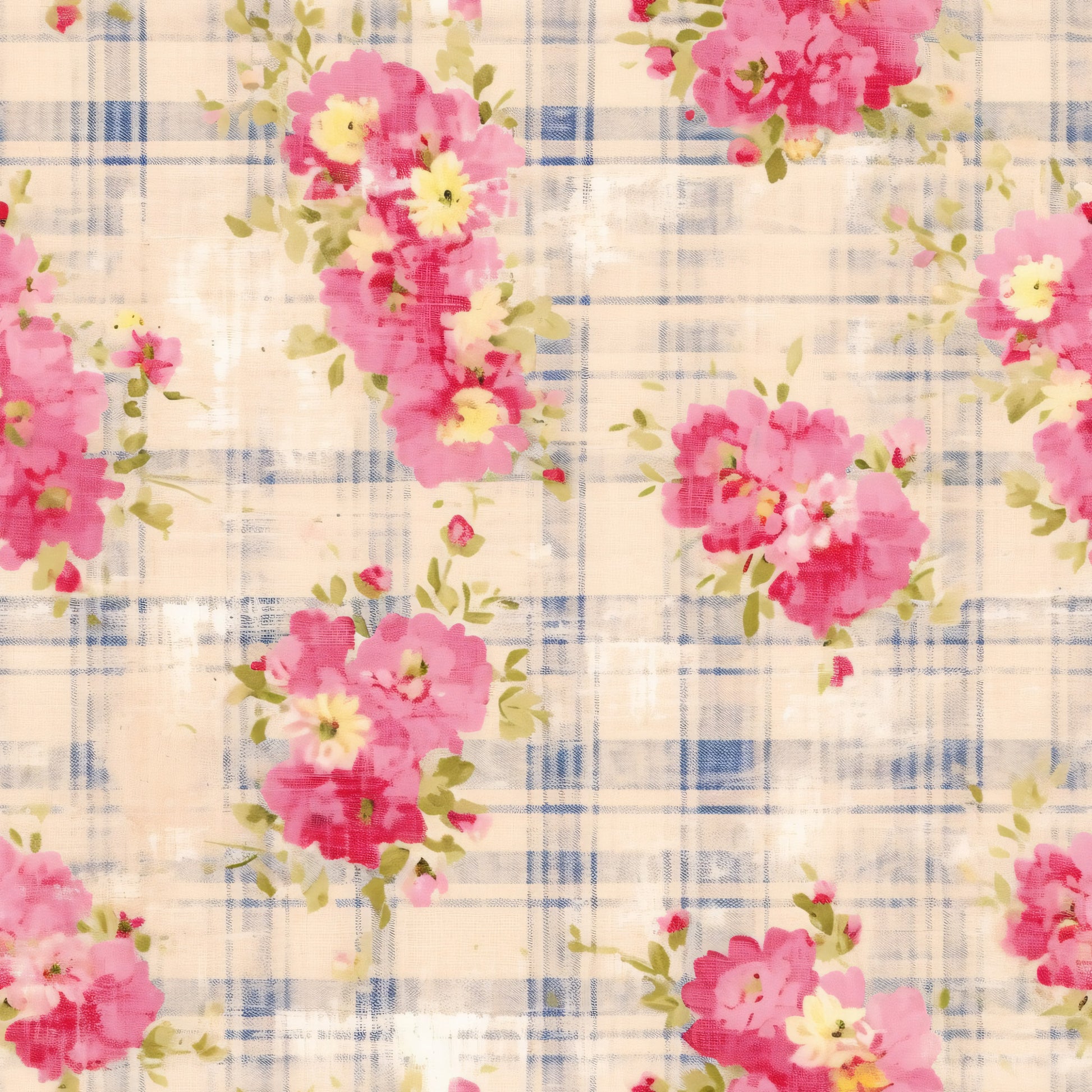 pink flowers, floral pattern, plaid background, blue plaid, cream background, cottage core, watercolor flowers, quilting cotton, fabric panel, country style, botanical design, pink blossoms, green leaves, vintage inspired, feminine floral, soft pastels, romantic flowers, shabby chic, spring flowers, delicate blooms
