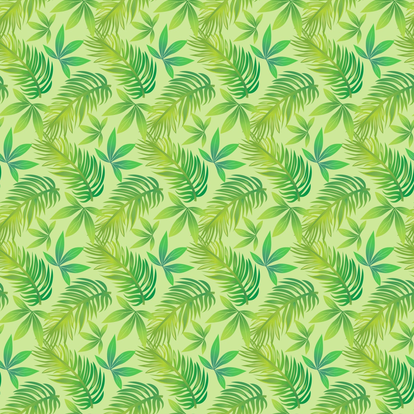 Summer Beach Pattern 11 Quilting Cotton Fabric, green tropical leaves, palm fronds, foliage, botanical, nature-inspired, cotton textile, quilting material, light green background, summer theme, fabric yardage, continuous print, fresh, leafy, organic, sewing projects, decorative cloth