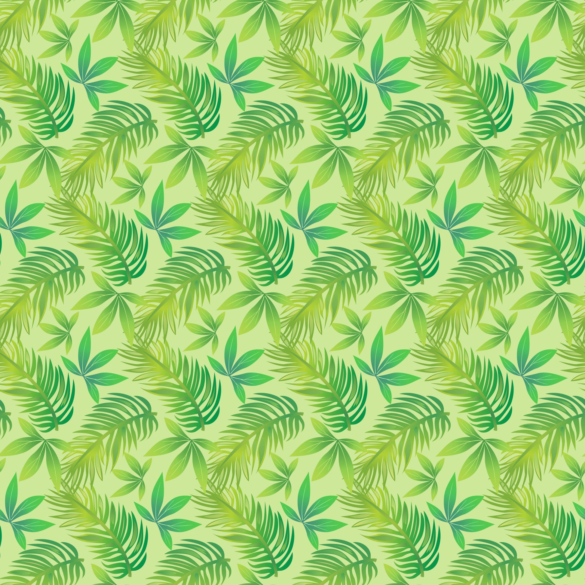 Summer Beach Pattern 11 Quilting Cotton Fabric, green tropical leaves, palm fronds, foliage, botanical, nature-inspired, cotton textile, quilting material, light green background, summer theme, fabric yardage, continuous print, fresh, leafy, organic, sewing projects, decorative cloth
