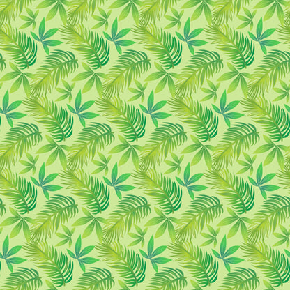 Summer Beach Pattern 11 Quilting Cotton Fabric, green tropical leaves, palm fronds, foliage, botanical, nature-inspired, cotton textile, quilting material, light green background, summer theme, fabric yardage, continuous print, fresh, leafy, organic, sewing projects, decorative cloth