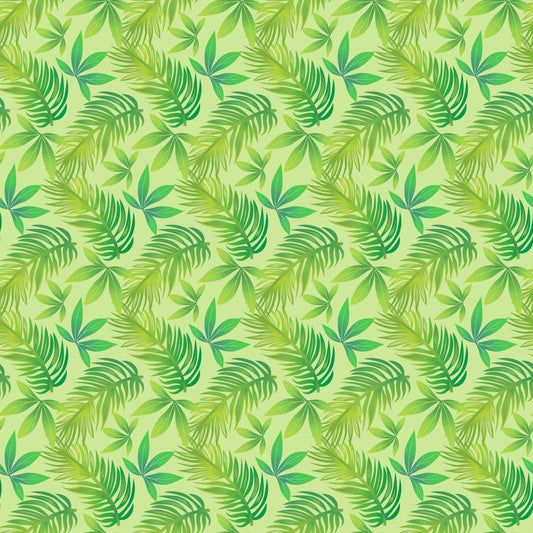 Summer Beach Pattern 11 Quilting Cotton Fabric, green tropical leaves, palm fronds, foliage, botanical, nature-inspired, cotton textile, quilting material, light green background, summer theme, fabric yardage, continuous print, fresh, leafy, organic, sewing projects, decorative cloth