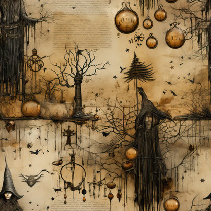 beige, sepia tones, amber, gothic witch, ravens, bare trees, hanging orbs, mysterious bottles, lanterns, thorny vines, dark silhouettes, occult symbols, spooky atmosphere, vintage aged look, halloween themed, quilting cotton, fabric panel, witch hat, mystical elements, haunting birds