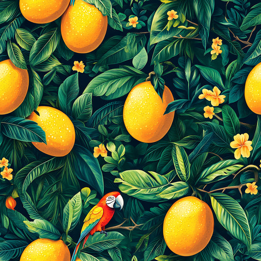 tropical pattern, mango fruit, orange yellow, emerald green, teal leaves, red parrot, macaw bird, hibiscus flowers, jungle foliage, tropical leaves, quilting cotton, fabric panel, exotic birds, citrus fruits, botanical design, vibrant colors, summer theme, paradise pattern, tropical wildlife, lush greenery