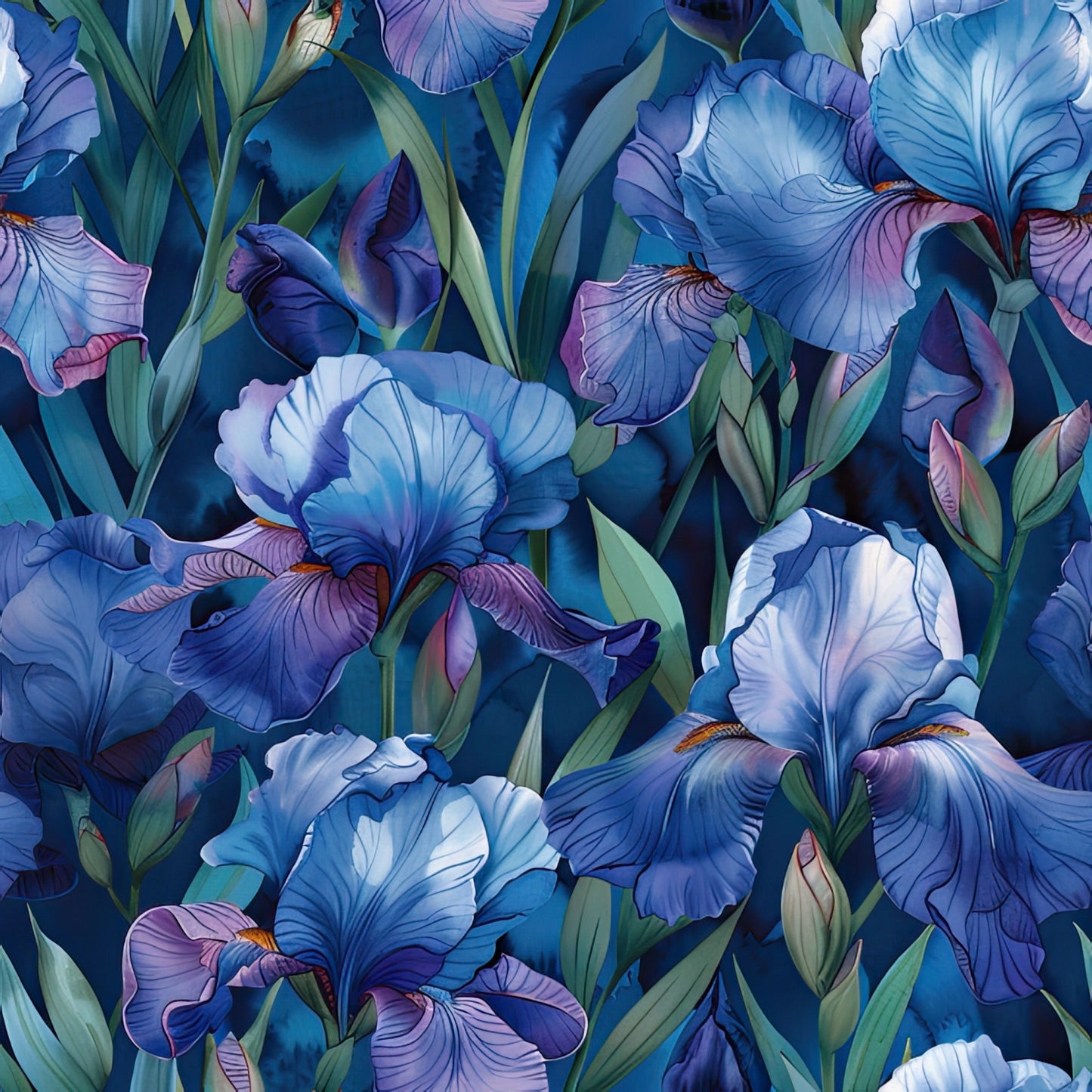 iris flowers, floral pattern, blue tones, purple hues, botanical design, quilting cotton, fabric panel, garden blooms, nature motif, spring flowers, detailed petals, green foliage, watercolor style, artistic rendering, vibrant colors, perennial plants, flower garden, textile art, sewing material, crafting fabric