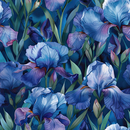 iris flowers, floral pattern, blue tones, purple hues, botanical design, quilting cotton, fabric panel, garden blooms, nature motif, spring flowers, detailed petals, green foliage, watercolor style, artistic rendering, vibrant colors, perennial plants, flower garden, textile art, sewing material, crafting fabric