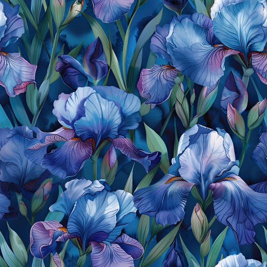 iris flowers, floral pattern, blue tones, purple hues, botanical design, quilting cotton, fabric panel, garden blooms, nature motif, spring flowers, detailed petals, green foliage, watercolor style, artistic rendering, vibrant colors, perennial plants, flower garden, textile art, sewing material, crafting fabric