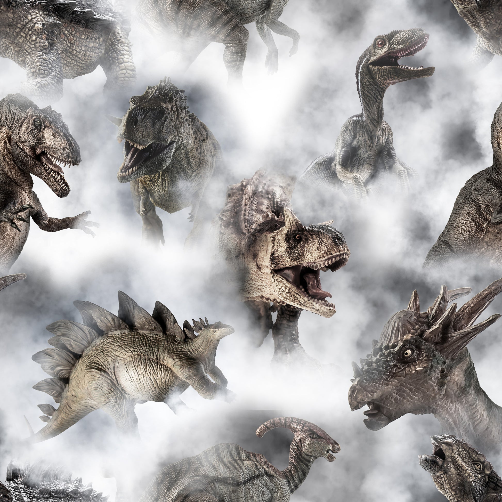 gray, white, smoke, mist, dinosaurs, prehistoric, t-rex, stegosaurus, triceratops, reptiles, ancient creatures, realistic art, dramatic scene, quilting cotton, fabric panel, earth tones, brown, beige, scientific illustration, paleontology theme
