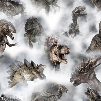 gray, white, smoke, mist, dinosaurs, prehistoric, t-rex, stegosaurus, triceratops, reptiles, ancient creatures, realistic art, dramatic scene, quilting cotton, fabric panel, earth tones, brown, beige, scientific illustration, paleontology theme