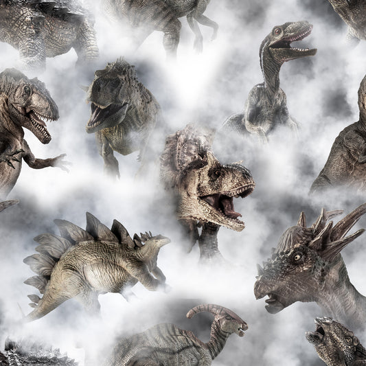 gray, white, smoke, mist, dinosaurs, prehistoric, t-rex, stegosaurus, triceratops, reptiles, ancient creatures, realistic art, dramatic scene, quilting cotton, fabric panel, earth tones, brown, beige, scientific illustration, paleontology theme