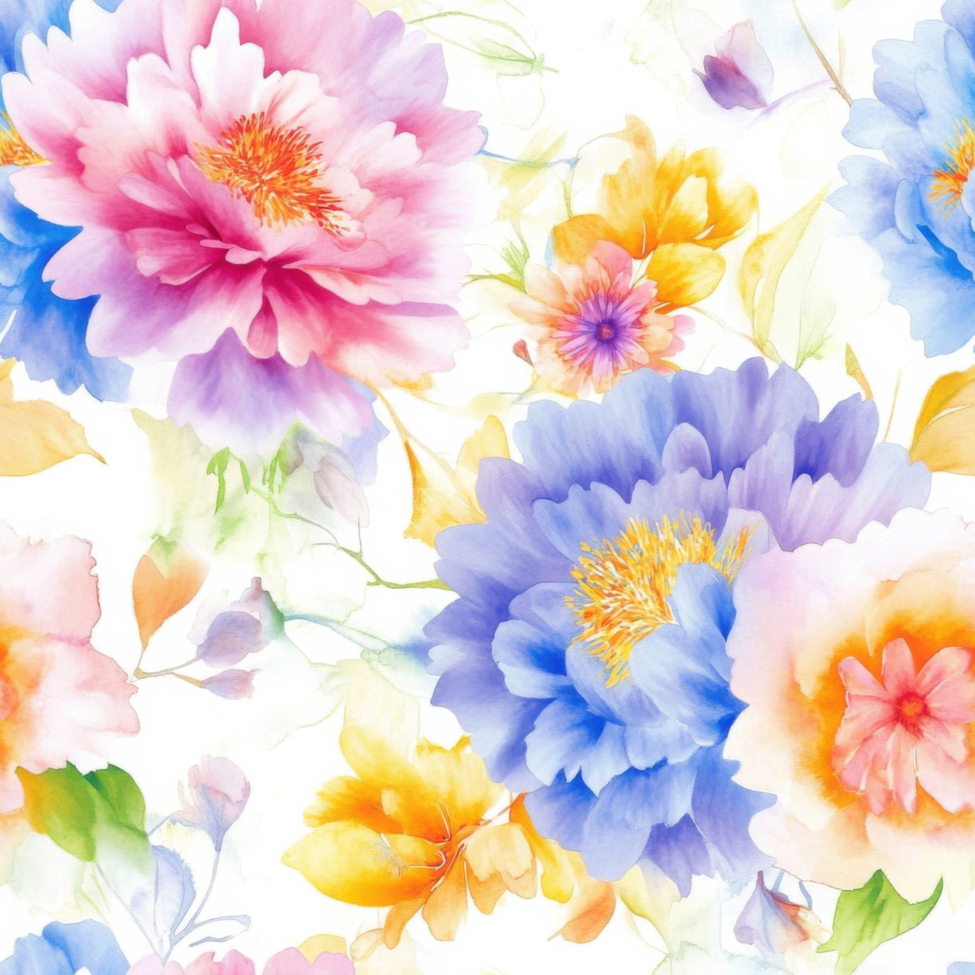 watercolor flowers, soft pastels, pink peonies, blue blossoms, yellow florals, purple petals, delicate brushstrokes, botanical design, dreamy aesthetic, quilting cotton, fabric panel, floral motifs, artistic blooms, ethereal style, spring flowers, gentle colors, painted effect, nature pattern, japanese inspired, cotton fabric