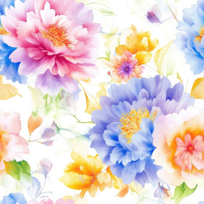 watercolor flowers, soft pastels, pink peonies, blue blossoms, yellow florals, purple petals, delicate brushstrokes, botanical design, dreamy aesthetic, quilting cotton, fabric panel, floral motifs, artistic blooms, ethereal style, spring flowers, gentle colors, painted effect, nature pattern, japanese inspired, cotton fabric