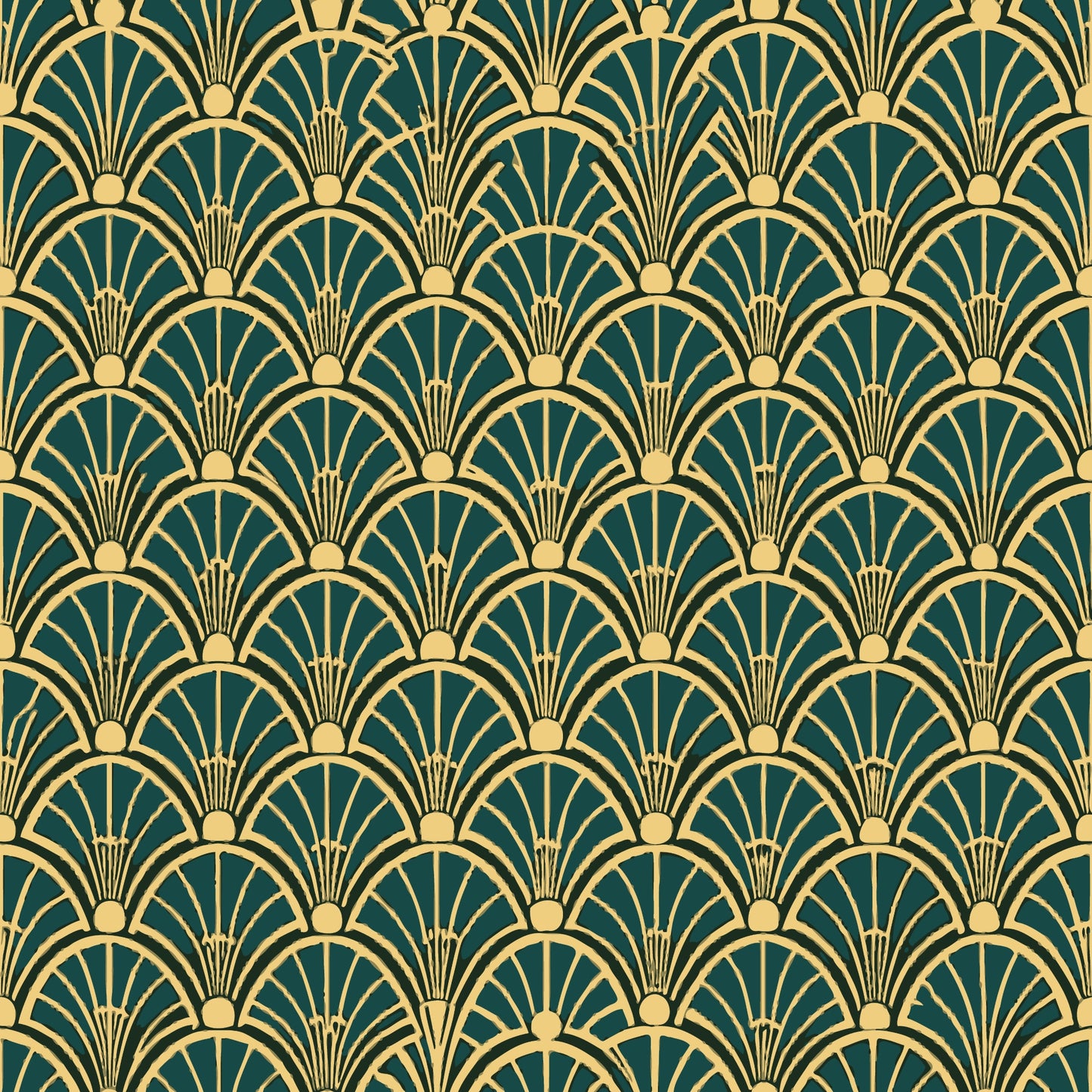 art deco, fan pattern, geometric design, emerald green, gold, cream, repeating motif, scalloped arches, vintage style, quilting cotton, fabric panel, luxurious, elegant, radiating lines, decorative circles, 1920s inspired, ornamental, sophisticated, peacock feathers motif