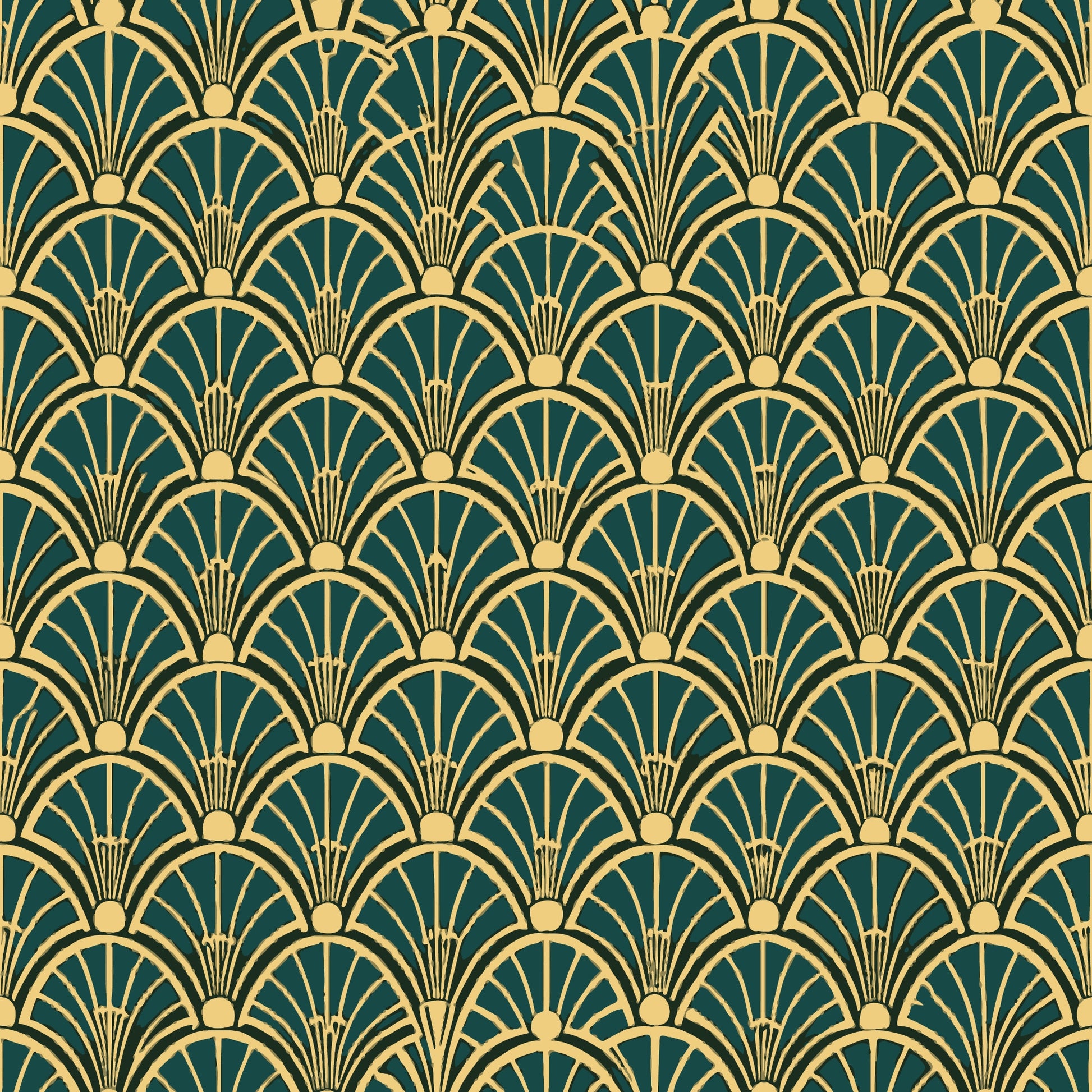art deco, fan pattern, geometric design, emerald green, gold, cream, repeating motif, scalloped arches, vintage style, quilting cotton, fabric panel, luxurious, elegant, radiating lines, decorative circles, 1920s inspired, ornamental, sophisticated, peacock feathers motif