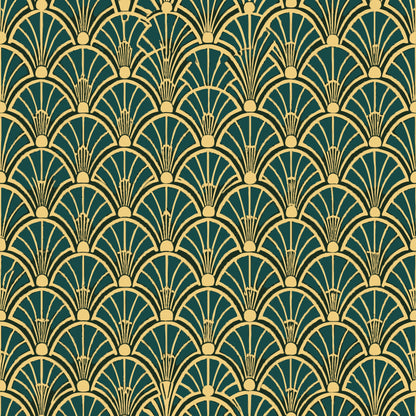 art deco, fan pattern, geometric design, emerald green, gold, cream, repeating motif, scalloped arches, vintage style, quilting cotton, fabric panel, luxurious, elegant, radiating lines, decorative circles, 1920s inspired, ornamental, sophisticated, peacock feathers motif