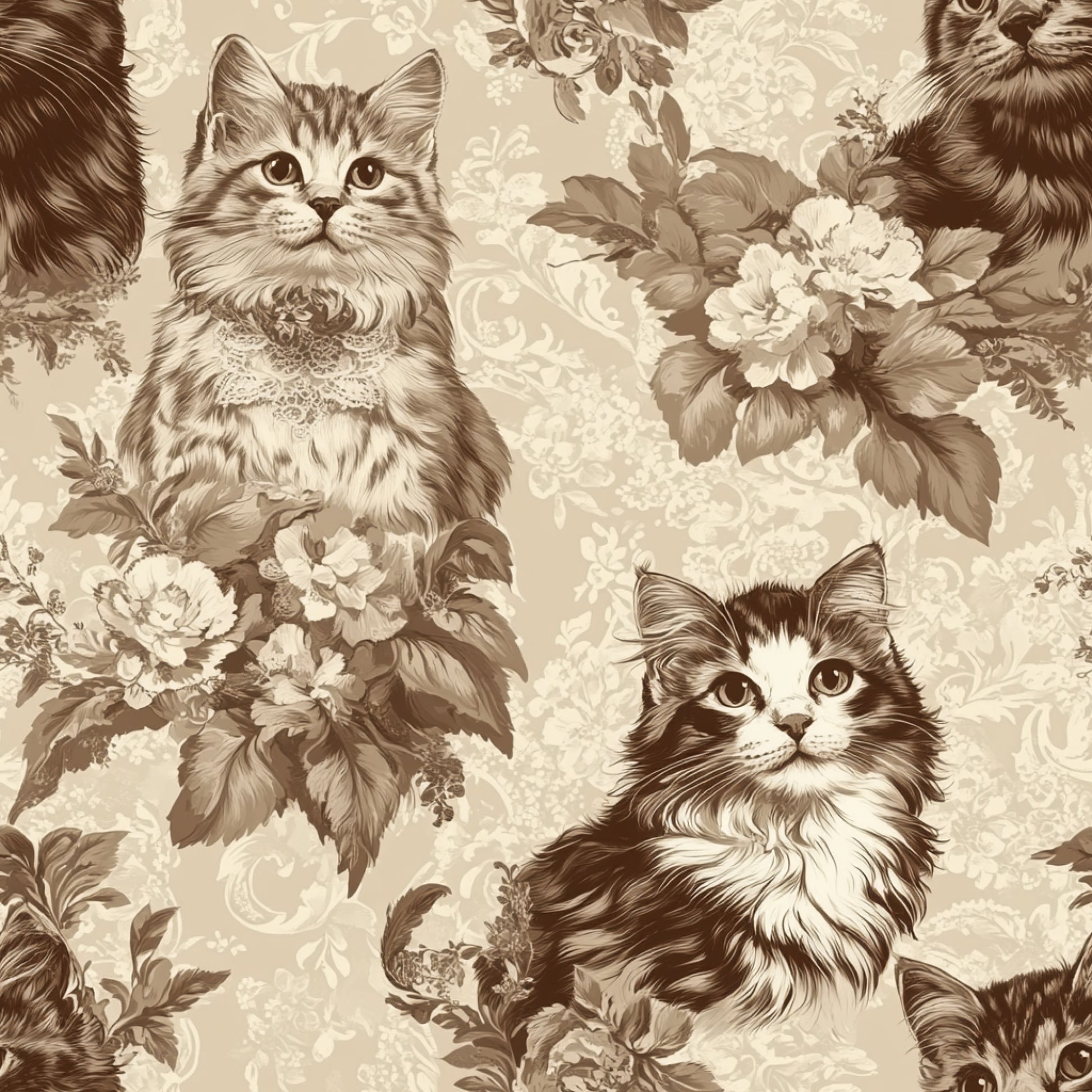 beige, sepia, brown, cream, vintage cats, kittens, floral pattern, roses, peonies, lace collars, ornate flowers, quilting cotton, fabric panel, victorian style, nostalgic, detailed illustration, decorative scrollwork, botanical elements, antique aesthetic, romantic florals