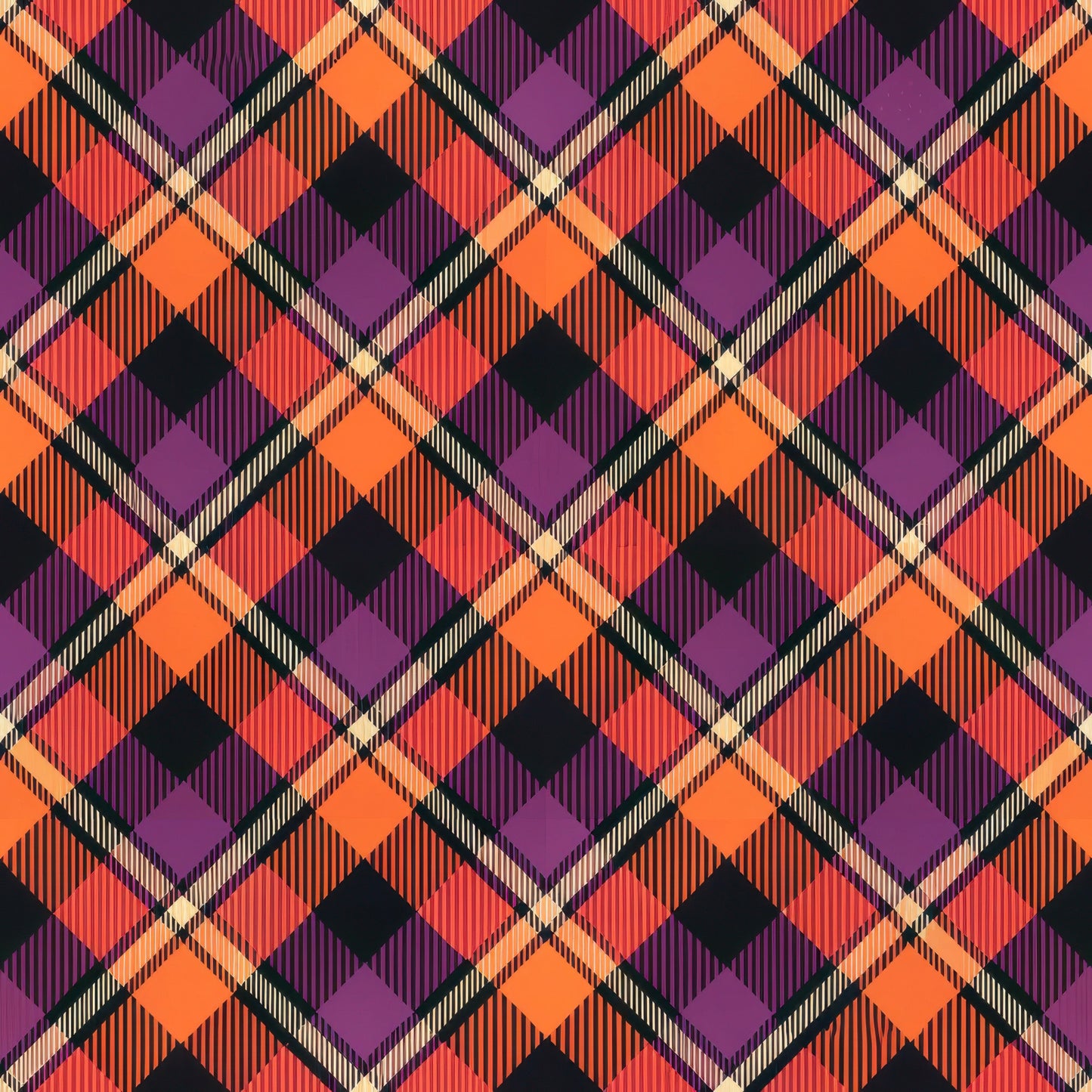 halloween, gingham, stripes, plaid, orange, purple, black, coral, diagonal pattern, chevron, geometric, quilting cotton, fabric panel, autumn colors, halloween colors, checkered, tartan style, seasonal, spooky colors, diamond pattern