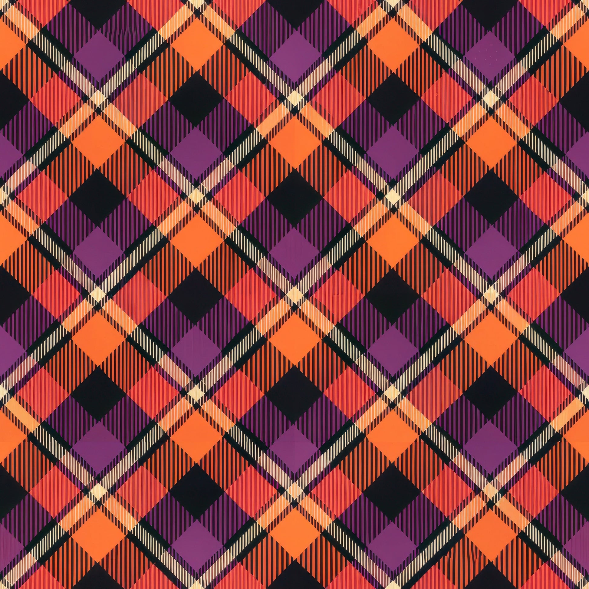 halloween, gingham, stripes, plaid, orange, purple, black, coral, diagonal pattern, chevron, geometric, quilting cotton, fabric panel, autumn colors, halloween colors, checkered, tartan style, seasonal, spooky colors, diamond pattern
