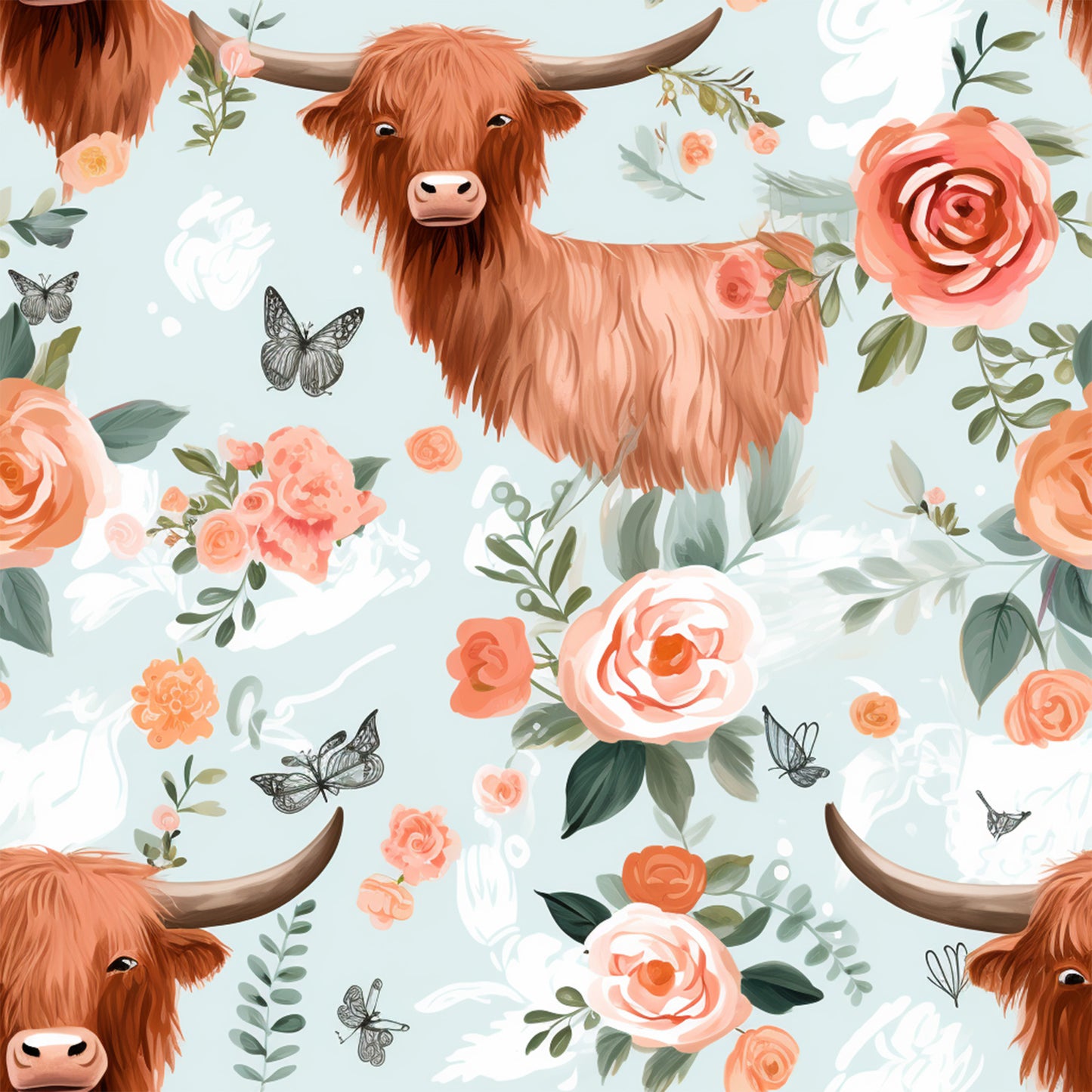 Handdrawn Highland Cows Pattern 6 Quilting Cotton Fabric