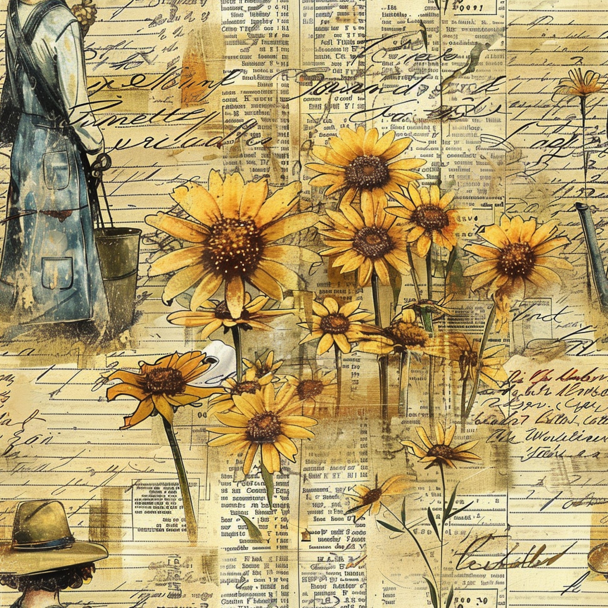 yellow sunflowers, orange petals, brown centers, vintage newspaper, handwritten script, sepia tones, botanical illustration, farm flowers, aged paper, cursive writing, golden yellow, cream background, cottage style, rustic charm, quilting cotton, fabric panel, vintage ephemera, floral motif, country garden, weathered textures