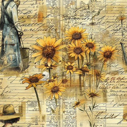 yellow sunflowers, orange petals, brown centers, vintage newspaper, handwritten script, sepia tones, botanical illustration, farm flowers, aged paper, cursive writing, golden yellow, cream background, cottage style, rustic charm, quilting cotton, fabric panel, vintage ephemera, floral motif, country garden, weathered textures