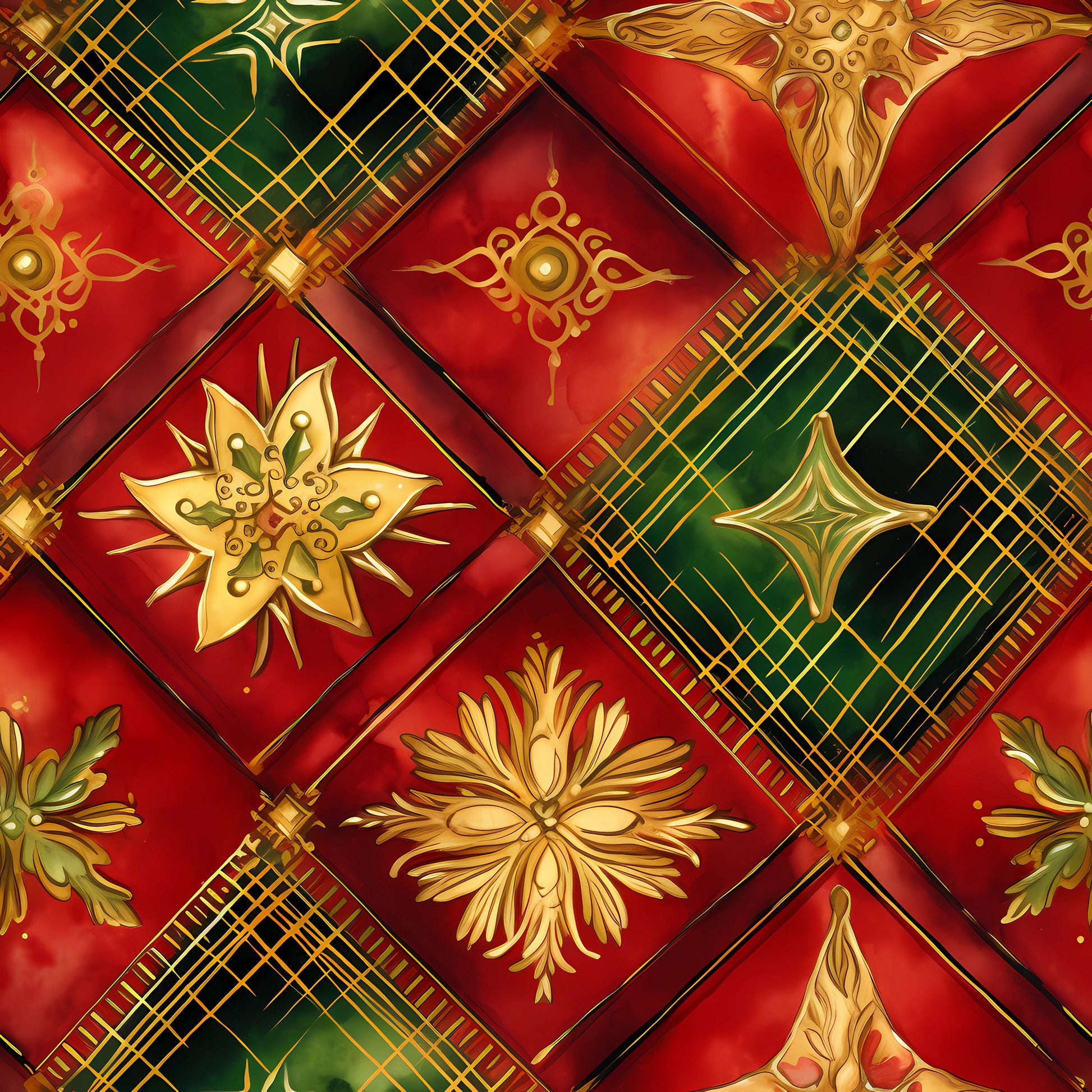 red, green, gold, christmas, quilting cotton, fabric panel, plaid, tartan, ornate medallions, floral motifs, geometric patterns, diamond layout, metallic accents, holiday themed, festive colors, decorative squares, intricate designs, seasonal fabric, patchwork style, ornamental elements