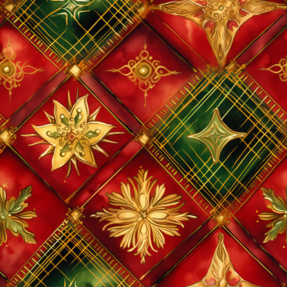 red, green, gold, christmas, quilting cotton, fabric panel, plaid, tartan, ornate medallions, floral motifs, geometric patterns, diamond layout, metallic accents, holiday themed, festive colors, decorative squares, intricate designs, seasonal fabric, patchwork style, ornamental elements