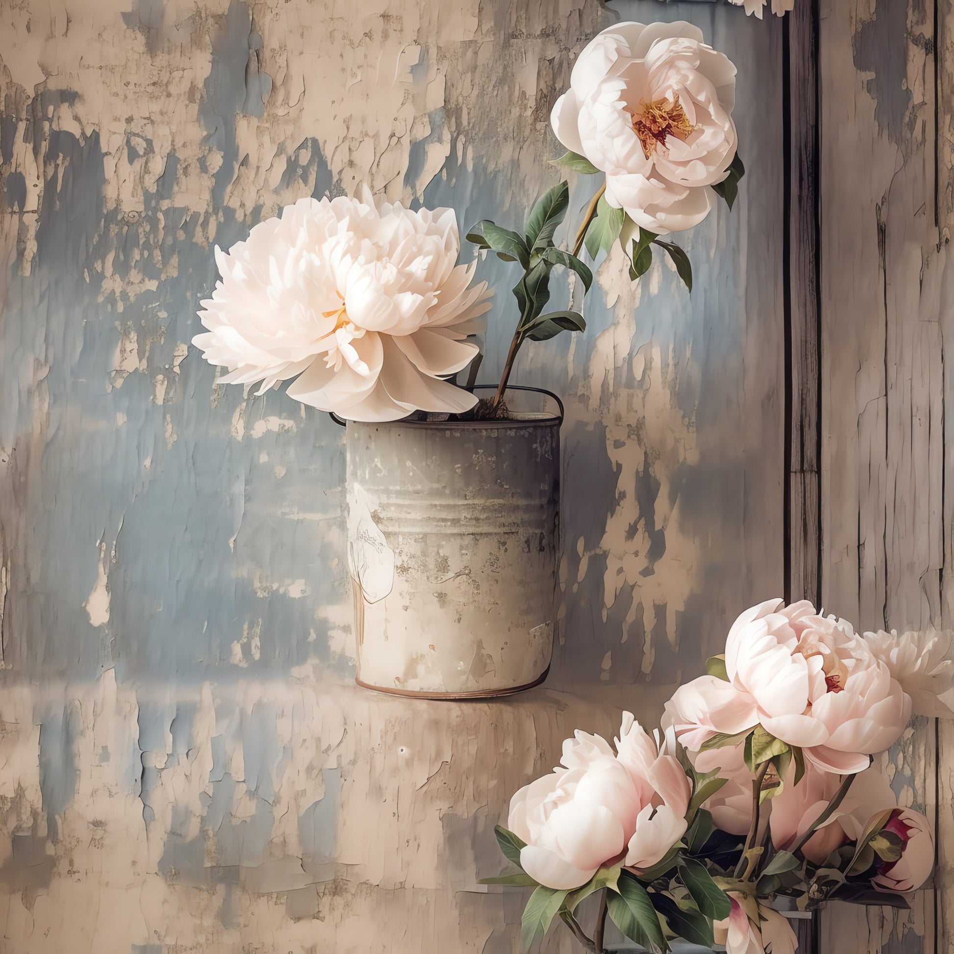 farmhouse florals, quilting cotton, fabric panel, pale pink peonies, cream flowers, soft pastels, vintage aesthetic, peeling paint, weathered wood, rustic style, botanical design, shabby chic, distressed textures, floral arrangement, cotton fabric, quilting material, muted tones, country style, aged patina, romantic florals