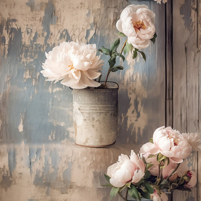 farmhouse florals, quilting cotton, fabric panel, pale pink peonies, cream flowers, soft pastels, vintage aesthetic, peeling paint, weathered wood, rustic style, botanical design, shabby chic, distressed textures, floral arrangement, cotton fabric, quilting material, muted tones, country style, aged patina, romantic florals